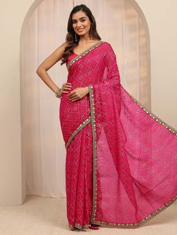 Libas - Pink Ethnic Motif Printed Embellished & Tassel Border Saree With Unstitched Blouse