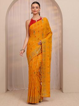 Libas - Mustard Ethnic Motif Printed & Embellished Border Saree With Unstitched Blouse