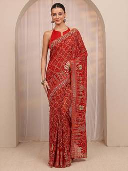 Libas - Red Bandhani & Mirror Work Embellished Border Saree With Unstitched Blouse