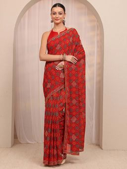 Libas - Red Bandhani & Beads Embellished Border Saree With Unstitched Blouse