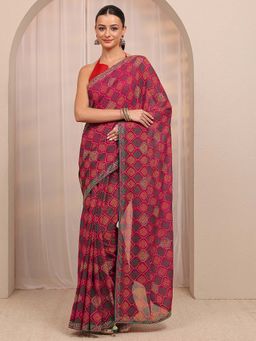 Libas - Pink Bandhani & Beads Embellished Border Saree With Unstitched Blouse