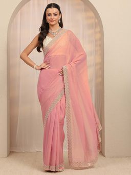 Libas - Pink Beads Embellished Border Design Saree With Unstitched Blouse
