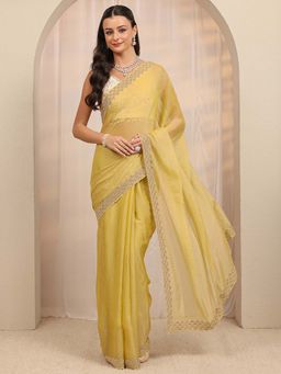 Libas - Yellow Beads Embellished Border Design Saree With Unstitched Blouse