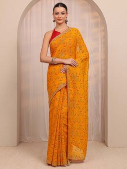 Libas - Mustard Bandhani & Beads Embellished Border Saree With Unstitched Blouse