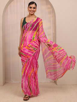 Libas - Pink Leheriya Printed & Embellished Border Saree With Unstitched Blouse