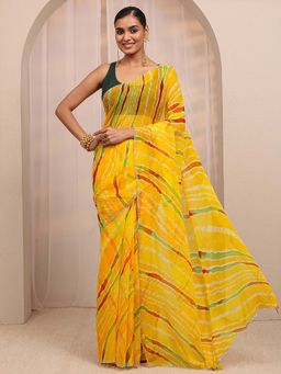 Libas - Yellow Leheriya Printed & Embellished Border Saree With Unstitched Blouse