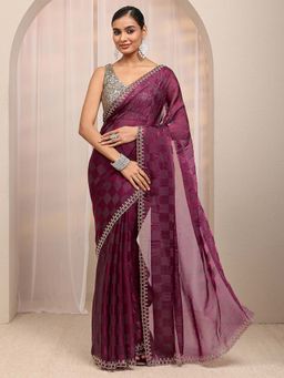 Libas - Maroon Geometric Printed & Embellished Border Saree With Unstitched Blouse