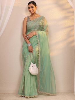 Libas - Green Gotta Patti Embellished Border Design Saree With Unstitched Blouse