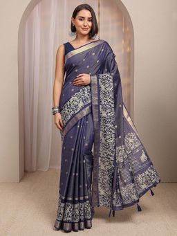 Libas - Navy Blue Ethnic Motif Zari Woven Design Saree With Unstitched Blouse