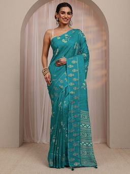 Libas - Blue Floral Printed Zari Woven Design Saree With Unstitched Blouse