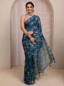 Libas - Navy Blue Floral Printed Zari Woven Design Saree With Unstitched Blouse