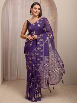 Libas - Purple Floral Printed Zari Woven Design Saree With Unstitched Blouse