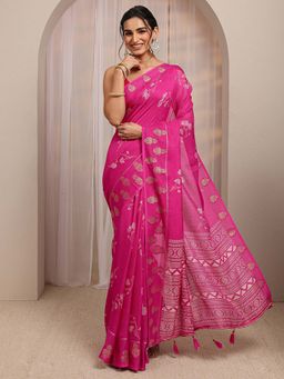 Libas - Pink Floral Printed Zari Woven Design Saree With Unstitched Blouse