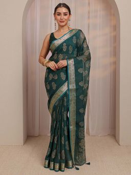 Libas - Green Floral Printed Zari Woven Design Saree With Unstitched Blouse
