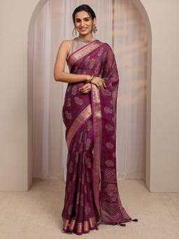 Libas - Maroon Floral Printed Zari Woven Design Saree With Unstitched Blouse