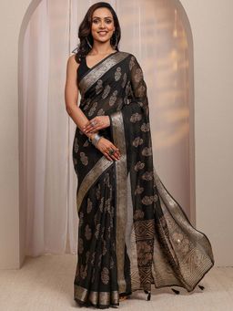 Libas - Black Floral Printed Zari Woven Design Saree With Unstitched Blouse