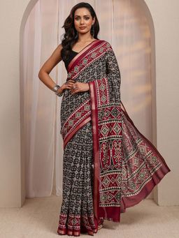 Libas - Black Ethnic Motif Printed Border Saree With Unstitched Blouse