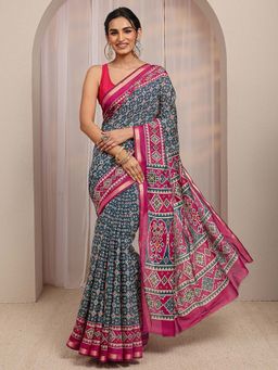 Libas - Navy Blue Ethnic Motif Printed Border Saree With Unstitched Blouse