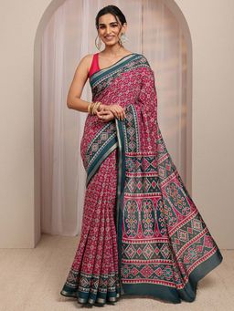 Libas - Pink Ethnic Motif Printed Border Saree With Unstitched Blouse