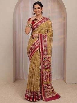 Libas - Mustard Ethnic Motif Printed Border Saree With Unstitched Blouse