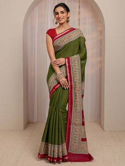 Libas - Green Ethnic Motif Printed Border Design Saree With Unstitched Blouse