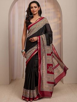Libas - Black Ethnic Motif Printed Border Design Saree With Unstitched Blouse