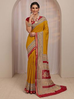 Libas - Mustard Ethnic Motif Printed Border Design Saree With Unstitched Blouse