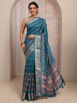 Libas - Teal Floral Woven Design Saree With Unstitched Blouse