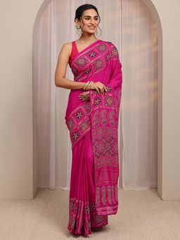 Libas - Pink Ethnic Motif Printed Border Design Saree With Unstitched Blouse