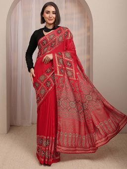 Libas - Red Ethnic Motif Printed Border Design Saree With Unstitched Blouse