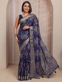 Libas - Navy Blue Floral Woven Design Saree With Unstitched Blouse