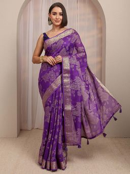 Libas - Purple Floral Woven Design Saree With Unstitched Blouse