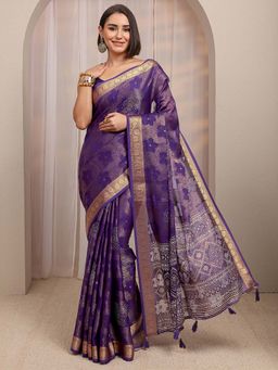 Libas - Purple Floral Motif Woven Design Saree With Unstitched Blouse
