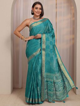 Libas - Blue Floral Motif Woven Design Saree With Unstitched Blouse