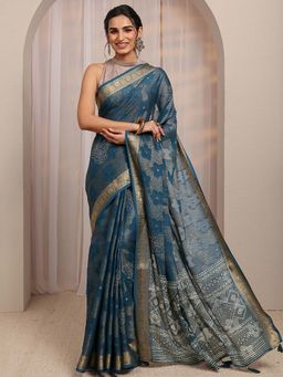 Libas - Navy Blue Floral Motif Woven Design Saree With Unstitched Blouse