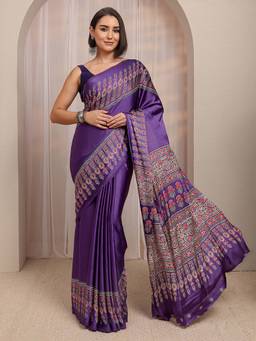 Libas - Purple Floral Printed Border Saree With Unstitched Blouse