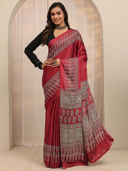 Libas - Maroon Floral Printed Border Saree With Unstitched Blouse