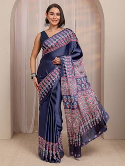 Libas - Navy Blue Floral Printed Border Saree With Unstitched Blouse