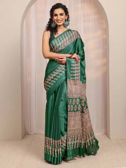 Libas - Green Floral Printed Border Saree With Unstitched Blouse
