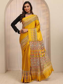 Libas - Mustard Floral Printed Border Saree With Unstitched Blouse
