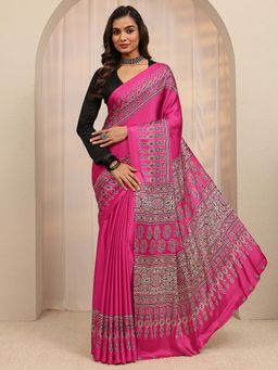 Libas - Pink Floral Printed Border Saree With Unstitched Blouse