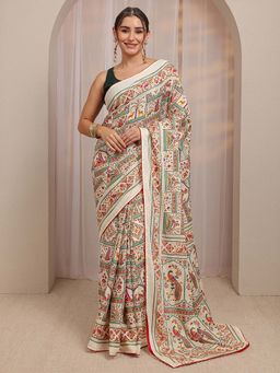 Libas - Cream Floral Printed Border Saree With Unstitched Blouse
