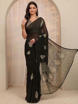 Libas - Black Embellished Striped & Printed Border Saree With Unstitched Blouse