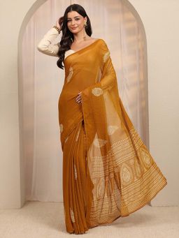 Libas - Mustard Embellished Striped & Printed Border Saree With Unstitched Blouse