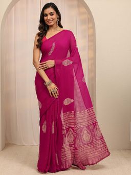 Libas - Pink Embellished Striped & Printed Border Saree With Unstitched Blouse