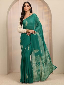 Libas - Green Embellished Striped & Printed Border Saree With Unstitched Blouse