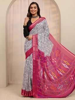 Libas - White Floral Printed Zari Woven Design Saree With Unstitched Blouse