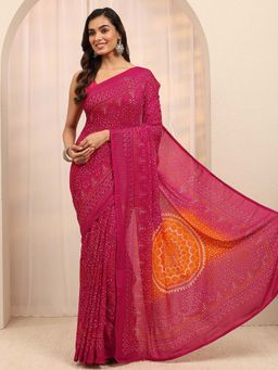 Libas - Pink Bandhani & Printed Border Saree With Unstitched Blouse
