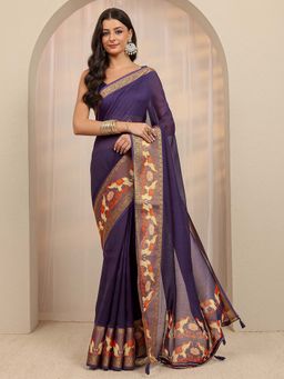 Libas - Purple Zari Woven Design Saree With Unstitched Blouse