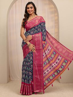 Libas - Navy Ethnic Motif Printed Zari Woven Design Saree With Unstitched Blouse